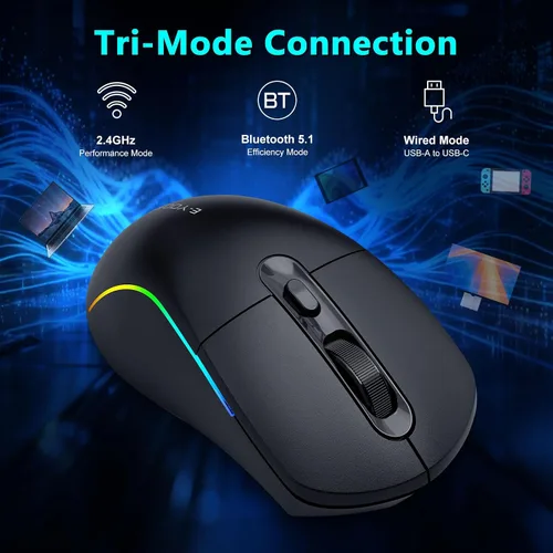 Miniatura 3 de E-YOOSO Mouse inalámbrico para juegos, 10,000 DPI, trimodo de 2.4 GHz/Bluetooth/USB-C con cable, retroiluminación RGB, 6 botones programables, mouse