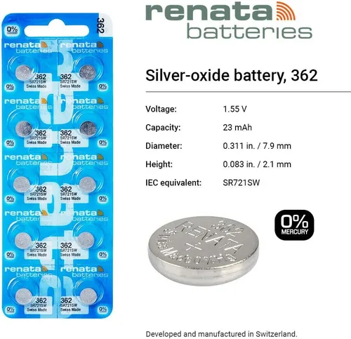 Miniatura 2 de Renata 362 SR721SW Baterías – 1.55 V Óxido de Plata 362 Batería de reloj (2 unidades)