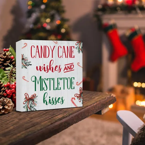 Miniatura 5 de Divertida decoración de Navidad, decoraciones navideñas para interiores, deseos de bastón de caramelo y besos de muérdago, letrero de madera rústico