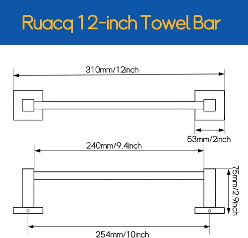 Miniatura 2 de Ruacq Soporte de Toalla de Mano Anillo de Toalla Negro Centro a Centro 10 Pulgadas Barras de Toalla Cuadradas Negro Mate para Baño Acero Inoxidable