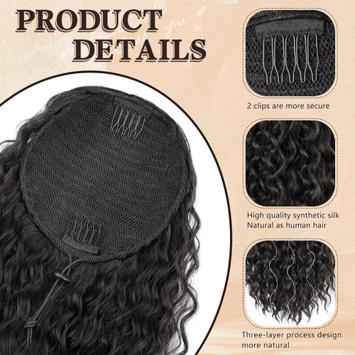 Miniatura 3 de FREEMEIGE Extensión de Cola de Caballo Rizada con Cordón de 20 Pulgadas, Extensiones de Cabello Ondulado con Cordón, Extensiones de Cola de Caballo