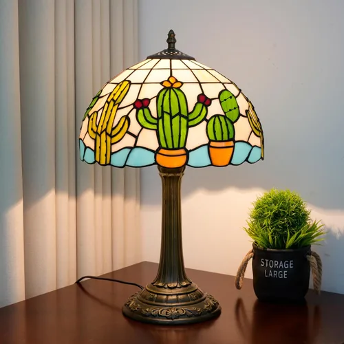 Miniatura 8 de Lámpara de mesa con base de hoja de metal de cristal de color azul de conchas estilo Tiffany, lámpara de mesa retro para dormitorio, sala de estar