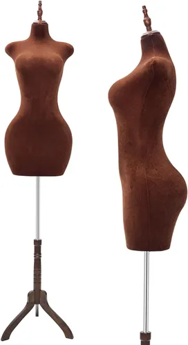 Torso de maniquí femenino con curvas ajustables con soporte, forma de vestido pinable para ropa (marrón, terciopelo)