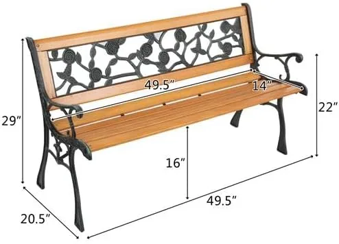 Miniatura 3 de Outvita Banco de jardín de 49.5 pulgadas, asiento de madera dura y banco de parque con reposabrazos de metal para patio, porche, camino, césped