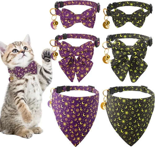 Paquete de 6 collares de gato con pajarita, bandana y campana, collares ajustables para gatos, lunas y sol, para gatitos o ciertos cachorros