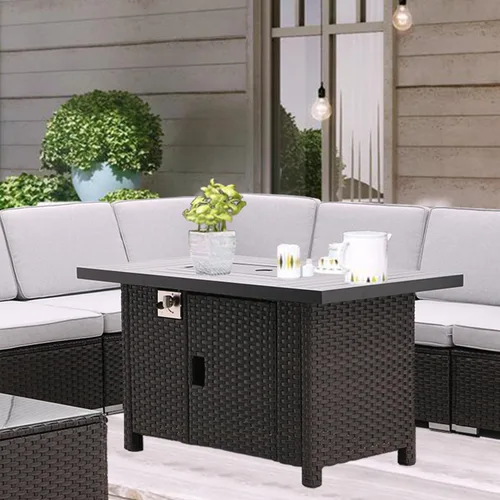 Miniatura 7 de Mesa para fogata de propano, 46 pulgadas, con certificación ETL de 55,000 BTU, mesa de gas para exteriores con protector de viento de vidrio y rocas