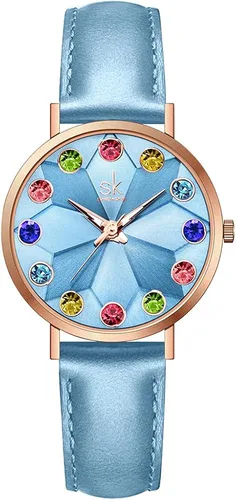 SHENGKE Reloj creativo ultra delgado minimalista con esfera de flores de cielo estrellado para mujer con correa de malla de acero inoxidable de