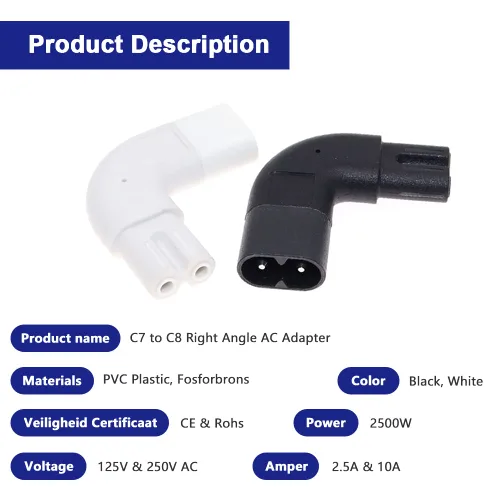 Miniatura 2 de Adaptador de CA de ángulo recto IEC320 C7 a C8, 90 grados C7 hembra a C8 macho 2 pines figura 8 convertidor de enchufe de alimentación de CA, negro