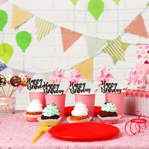 Miniatura 4 de 48 piezas de decoración para cupcakes de feliz cumpleaños, color negro, con purpurina, suministros de decoración de fiesta de cumpleaños