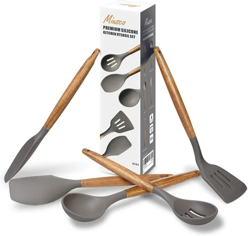 Miniatura 9 de Juego de utensilios de cocina, juego de utensilios de cocina de silicona, espátula de silicona antiadherente con mango de madera dura de acacia Gris