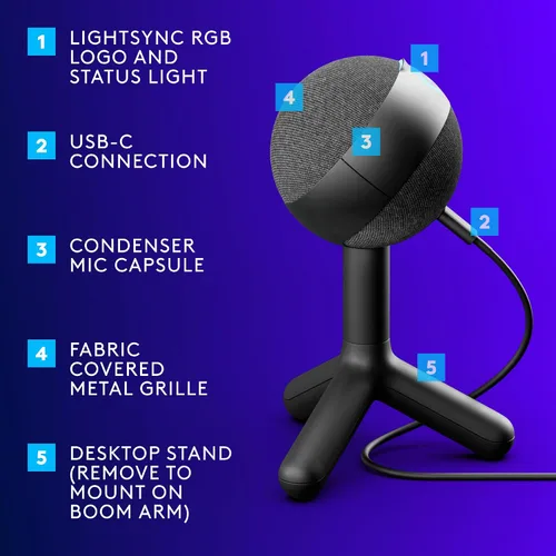 Miniatura 5 de Micrófono condensador RGB gaming Logitech G Yeti Orb con LIGHTSYNC, micrófono USB para streaming, cardioide para PC/Mac - Negro