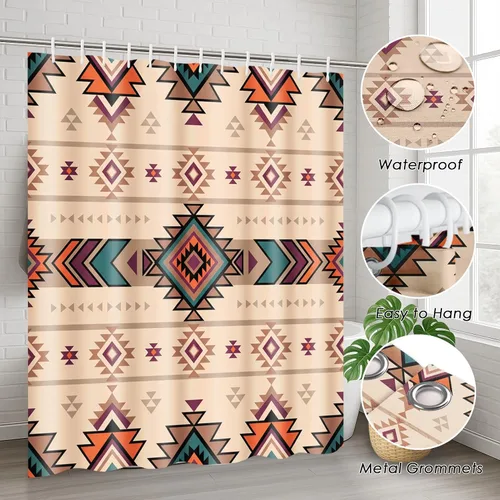 Miniatura 6 de ArtSocket Juego de baño retro bohemio con cortina de ducha y accesorio de alfombras, tradicional rombo de verano, cortina de ducha abstracta