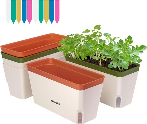 VIVOSUN Macetas de riego automático, paquete de 4 macetas rectangulares compactas de 10.5 pulgadas con 10 etiquetas para plantas, contenedor para