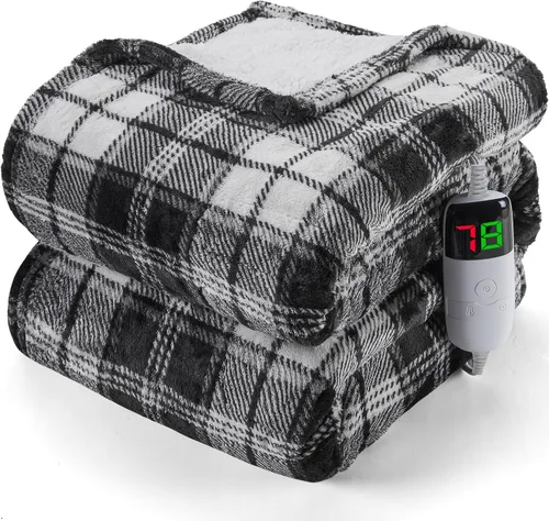 Miniatura 9 de Manta térmica negra eléctrica, manta térmica de 50 x 60 pulgadas con 10 niveles de calor y 8 horas de apagado automático, manta de sherpa suave a