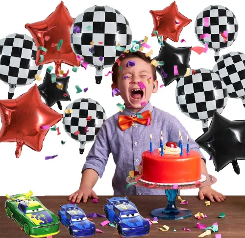 Miniatura 6 de TONIFUL 18 globos a cuadros blancos y negros, globos de carreras de 18 pulgadas para decoraciones de fiestas temáticas de autos de carreras rápidas