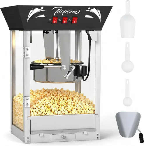 Máquina comercial de palomitas de maíz de 12 onzas, máquina de palomitas de maíz de acero inoxidable con vidrio templado y plataforma de Negro