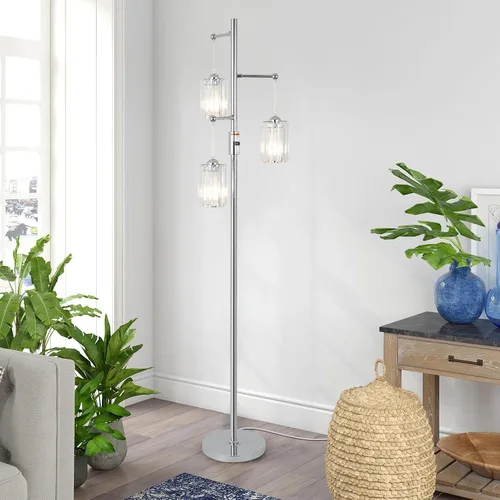Miniatura 8 de Lámpara de pie moderna de cristal para sala de estar, lámpara de pie regulable de 3 luces, lámpara de árbol industrial plateada con pantalla