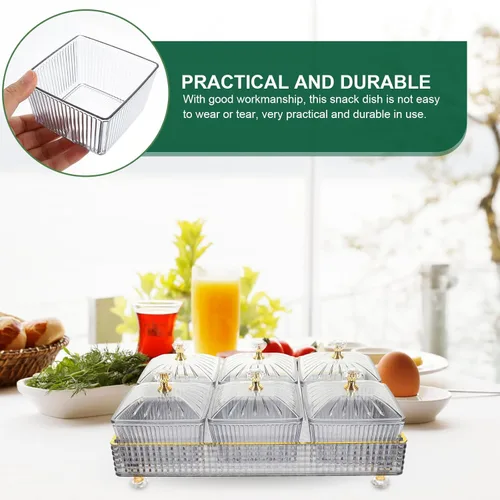 Miniatura 7 de Ipetboom Bandeja de frutas secas con tapa, 6 compartimentos para servir nueces y dulces, bandeja de aperitivos, caja de almacenamiento de alimentos