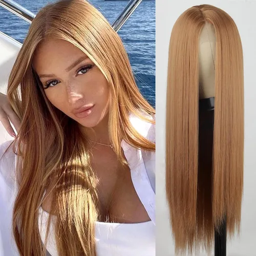 Miniatura 22 de Xinran Pelucas rubias degradadas para mujer, peluca larga y lacia marrón rubia, mezcla de área pequeña, encaje frontal, reemplazo de línea capilar