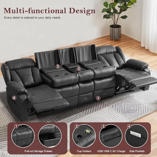 Miniatura 6 de Sofá biplaza reclinable manual de 110 pulgadas, sillón reclinable de 4 asientos con consola, mesa plegable y salidas integradas, sofá reclinable