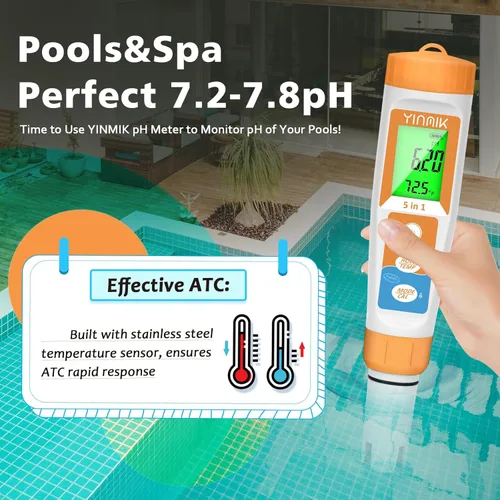 Miniatura 3 de YINMIK Probador de sal de piscina Nueva actualización Medidor de salinidad 5 en 1 pH TDS EC para piscinas de agua salada Probador de salinidad 5