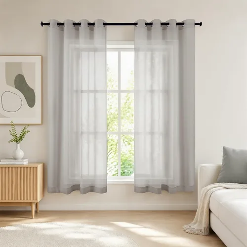 Cortinas grises de 45 pulgadas de largo para baño, 2 paneles con ojales, aspecto de lino, cortinas de gasa semi transparentes, cortinas cortas