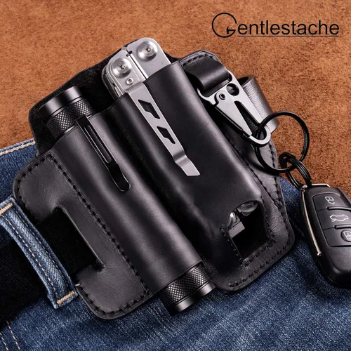 Miniatura 2 de Gentlestache Funda de cuero para Leatherman Multitool - Organizador de bolsillo EDC con soporte para llaves y funda de linterna, color negro