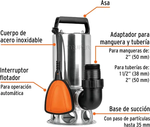 Miniatura 3 de TRUPER BOS-1SM Bombas de agua sucia sumergibles de servicio pesado 1Hp (750 w)