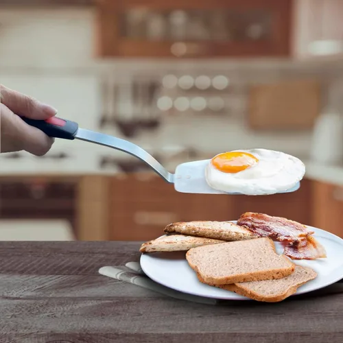 Miniatura 4 de Espátula flexible de acero inoxidable, espátula de metal fino para sartén de hierro fundido, hoja fina y mango de silicona resistente al calor