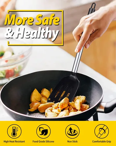 Miniatura 4 de Paquete de 2 espátulas de cocina de silicona sólidas, antiadherentes, utensilios de cocina sin BPA, resistentes al calor, utensilios de cocina Negro