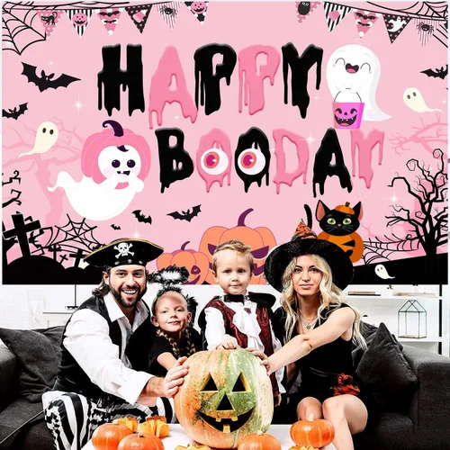 Miniatura 5 de Decoraciones de fiesta de feliz boo, decoraciones de fiesta de cumpleaños de Halloween rosa y negro, pancarta de fondo de feliz día de abucheo