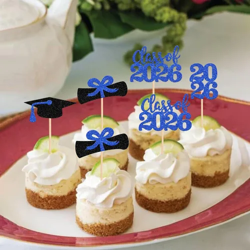Miniatura 5 de 36 piezas 2026 decoraciones temáticas de graduación 2026 con purpurina para la clase de 2026 para graduación, diploma de graduación 2026, Azul