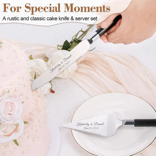 Miniatura 2 de Juego de corte de pasteles personalizado para bodas, cuchillos de pastel y servidor, grabado gratis, cortador de pastel de postre de madera Plateado