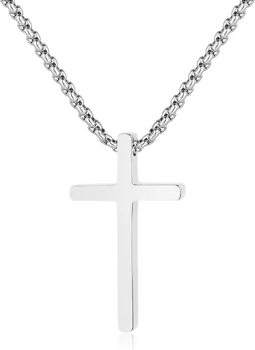 GAVU Collar de cruz cristiana para hombre, collar con colgante de cruz de acero inoxidable plateado y negro dorado para hombres y mujeres
