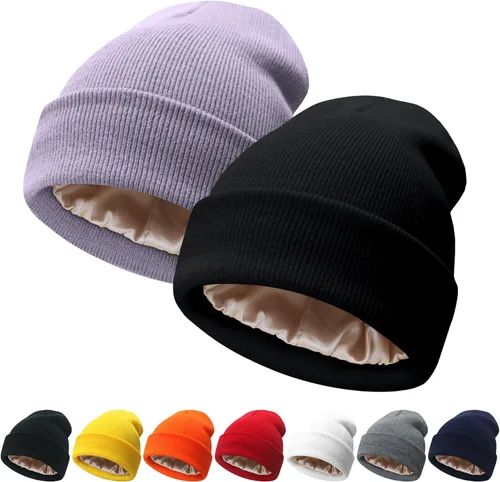 Miniatura 28 de NPQQUAN 2 PCS Satin Lined Beanie for Women Silk Lined Beanies Winter Warm Soft Lining Cuffed Knit Beanie Hats for Women