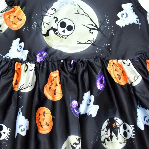 Miniatura 4 de Mini vestido de Halloween para niñas pequeñas, con volantes y manga corta, estampado de calabaza, acampanado, mini vestido de falda para otoño