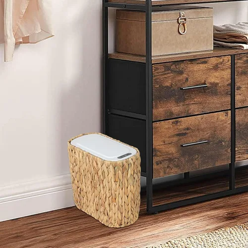 Miniatura 7 de Trongee Bote de basura bohemio con tapa, cubo de basura pequeño de ratán de 3 galones con tapa superior de presión, cesta de basura delgada