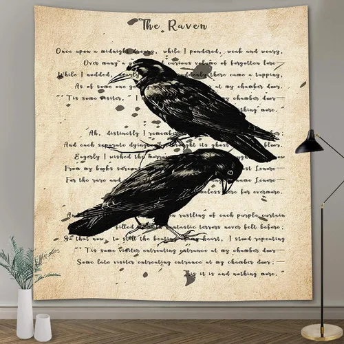 Miniatura 15 de FEASRT Tapiz gótico de calavera y cuervo, tapiz de pared The Raven Edgar Allan Poe, póster rústico de 51 x 60 pulgadas para sala de estar