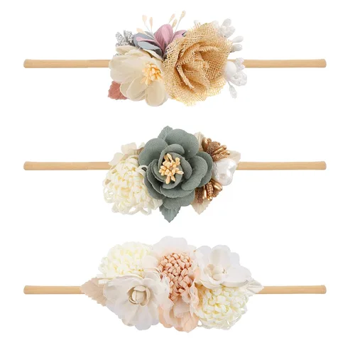 Miniatura 10 de Diademas de niña de nylon con flores elásticas, 3 piezas, accesorios para el pelo, regalo para recién nacidos, bebés y niños pequeños (TU-HDJ-3PCS)