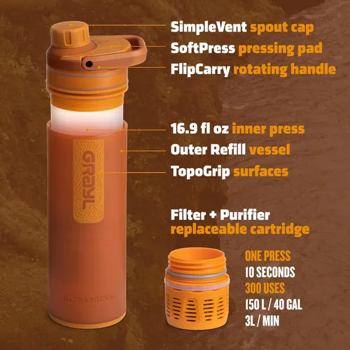 Miniatura 6 de GRAYL UltraPress - Purificador de agua y botella de filtro para senderismo, mochileros y viajes (Mojave Redrock)