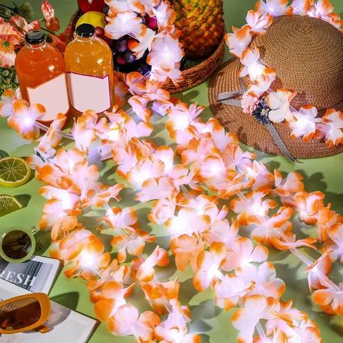 Miniatura 10 de Sherr 24 piezas de collares de flores de leis hawaianas con luces LED para boda, luces LED para leis hawaianas, collares de flores de leis hawaianas