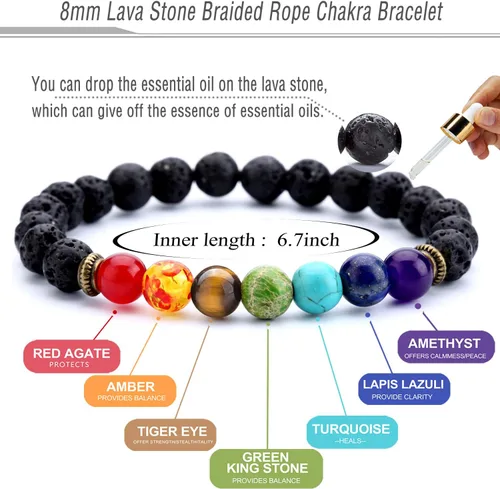 Miniatura 2 de Men Women 8mm Lava Rock 7 Chakra Beads Chakra Bracelet Braided Rope Natural Stone Yoga Bracelet Bangle