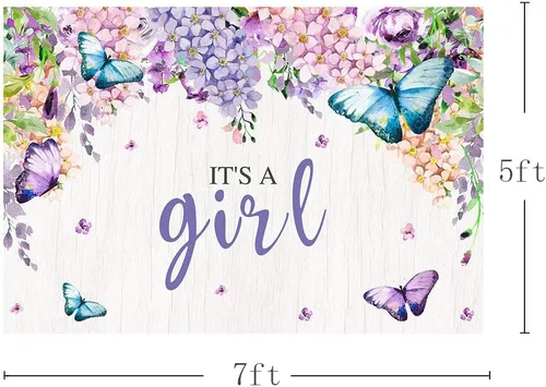 Miniatura 4 de MEHOFOTO - Cartel de fondo de cabina de estudio fotográfico con texto en inglés "It's A Girl" con diseño de mariposa para baby shower, baby shower