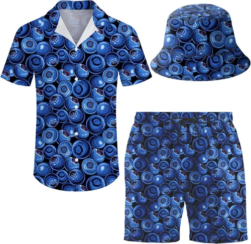 Miniatura 16 de Conjunto deportivo de 2 piezas para hombre, camisa hawaiana, pantalones cortos, camisa con botones y pantalones cortos con sombreros de pescador