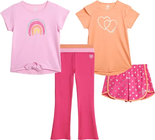 Body Glove Conjunto de pantalones cortos activos para niña, camiseta de 4 piezas, camiseta sin mangas, pantalones cortos de ciclismo con leggings