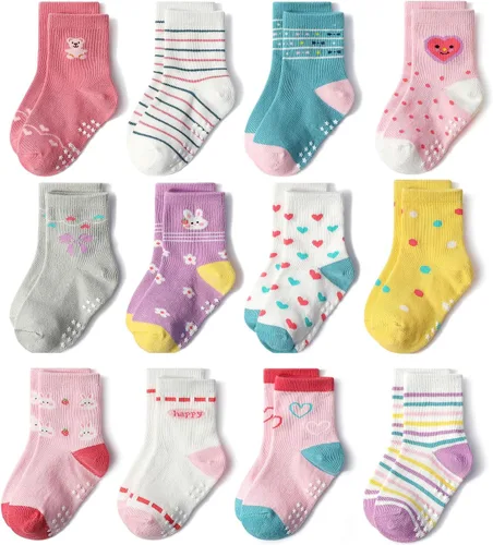 Miniatura 9 de SkiBeaut Calcetines para bebés y niñas, 12 pares de calcetines antideslizantes para niños pequeños con agarre para niñas de 0 a 7 años