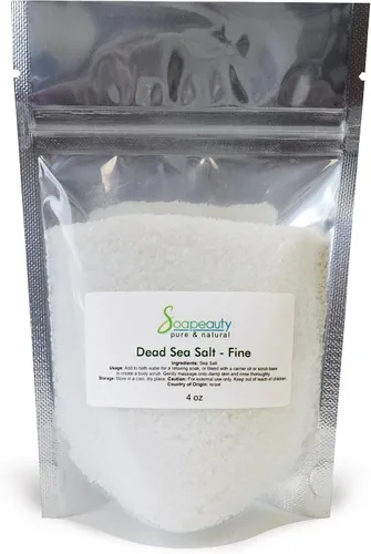 Soapeauty La sal del mar muerto de 4 onzas de grano fino es 100 % natural y pura utilizada en remojo de sales de baño, exfoliante de sal facial,