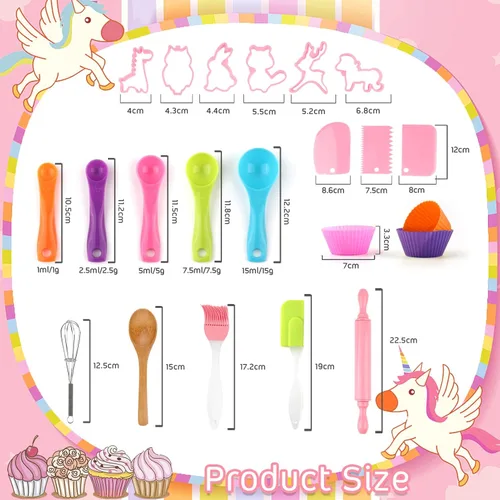 Miniatura 8 de KAEGREEL Juego de chef para hornear para niños con delantal de unicornio y manopla, juego de cocina para niños de 26 piezas con sombrero de chef