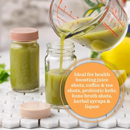Miniatura 5 de Recipientes para chupitos de jugo, vidrio, transparentes, 2 onzas, tapas de colores y bandas de agarre de silicona, almacenamiento de bebidas