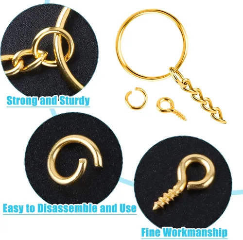 Miniatura 4 de PAXCOO - Kit de anillos para manualidades dorados, incluye 100 llaveros divididos con cadena, 100 anillos de salto y 100 pines de ojo de tornillo